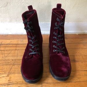 Frye Combat boots in burgundy velvet.